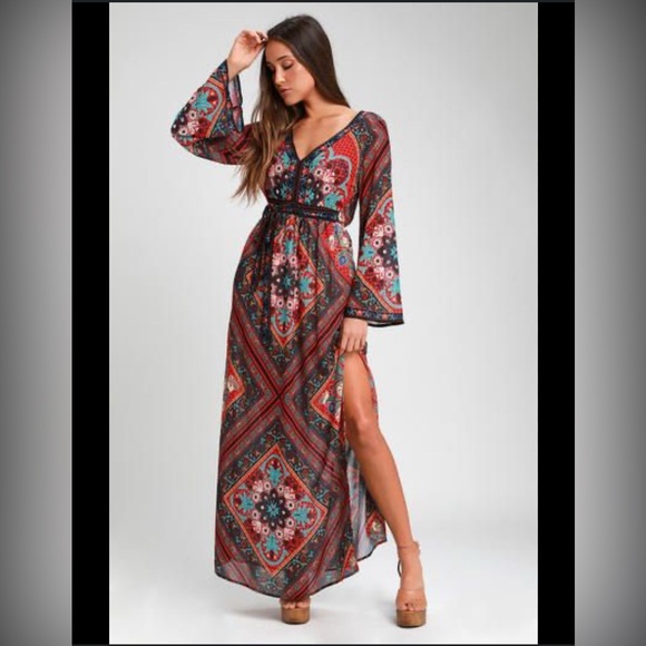 ❤️Flying Tomato Red Floral Bell Sleeve Angel Sleeve Maxi Dress - Picture 2 of 3